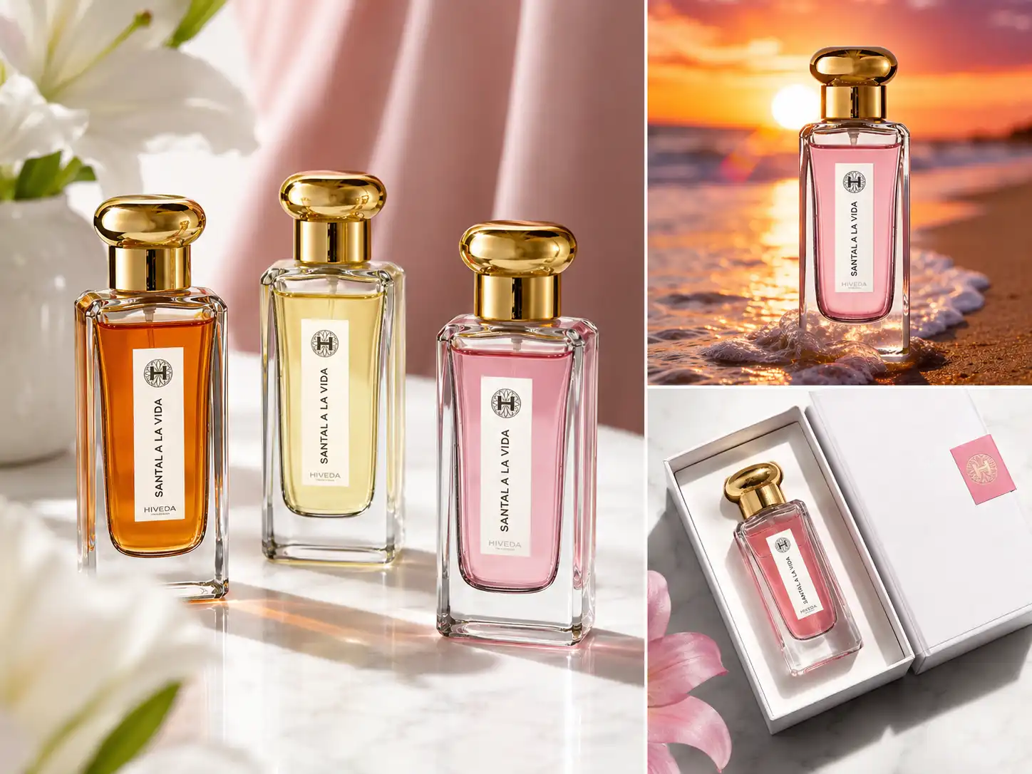 perfume bottles with amber gold and pink fragrance colors