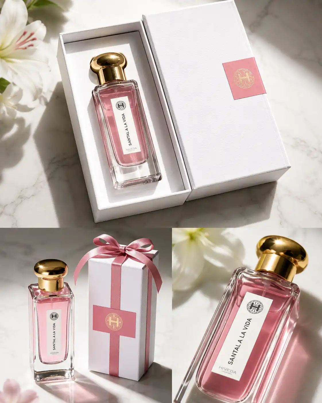 pink perfume bottle with white presentation box and ribbon