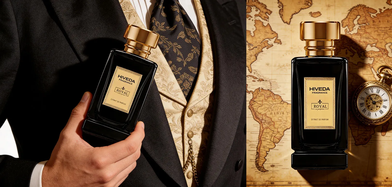black rectangular perfume bottle with gold-tone cap and framed label