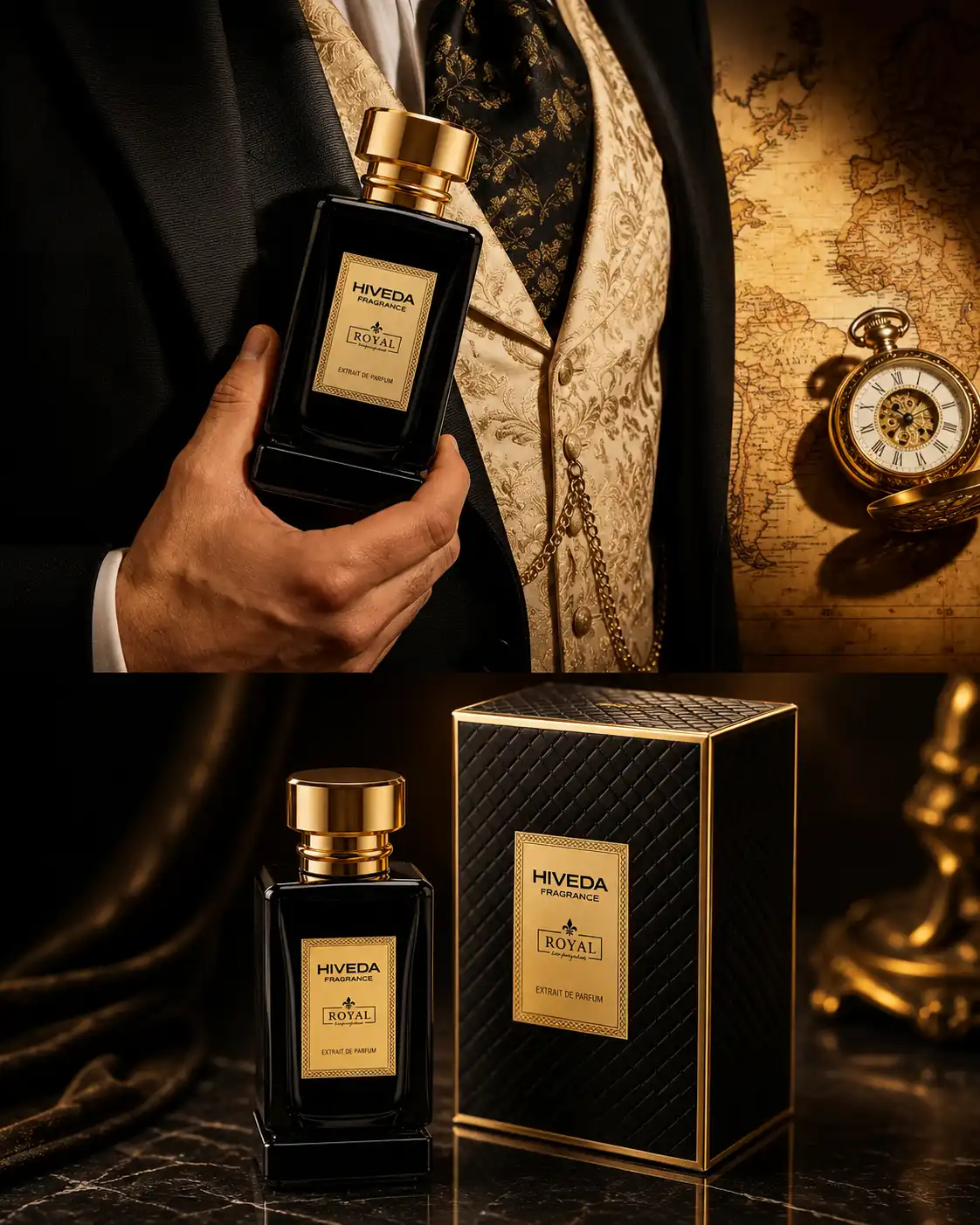 black rectangular perfume bottle with gold-tone cap and framed label