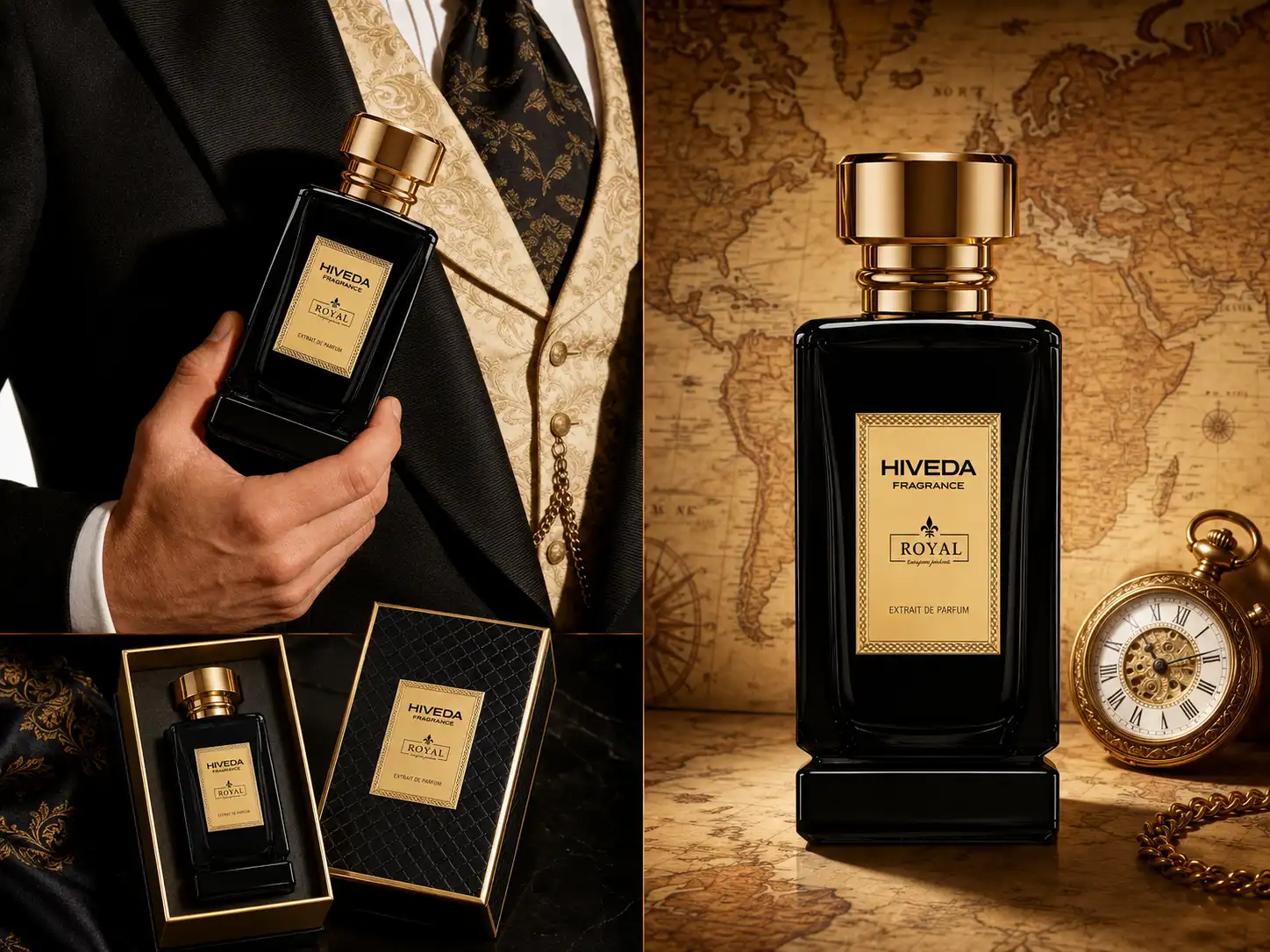 black rectangular perfume bottle with gold-tone cap and framed label