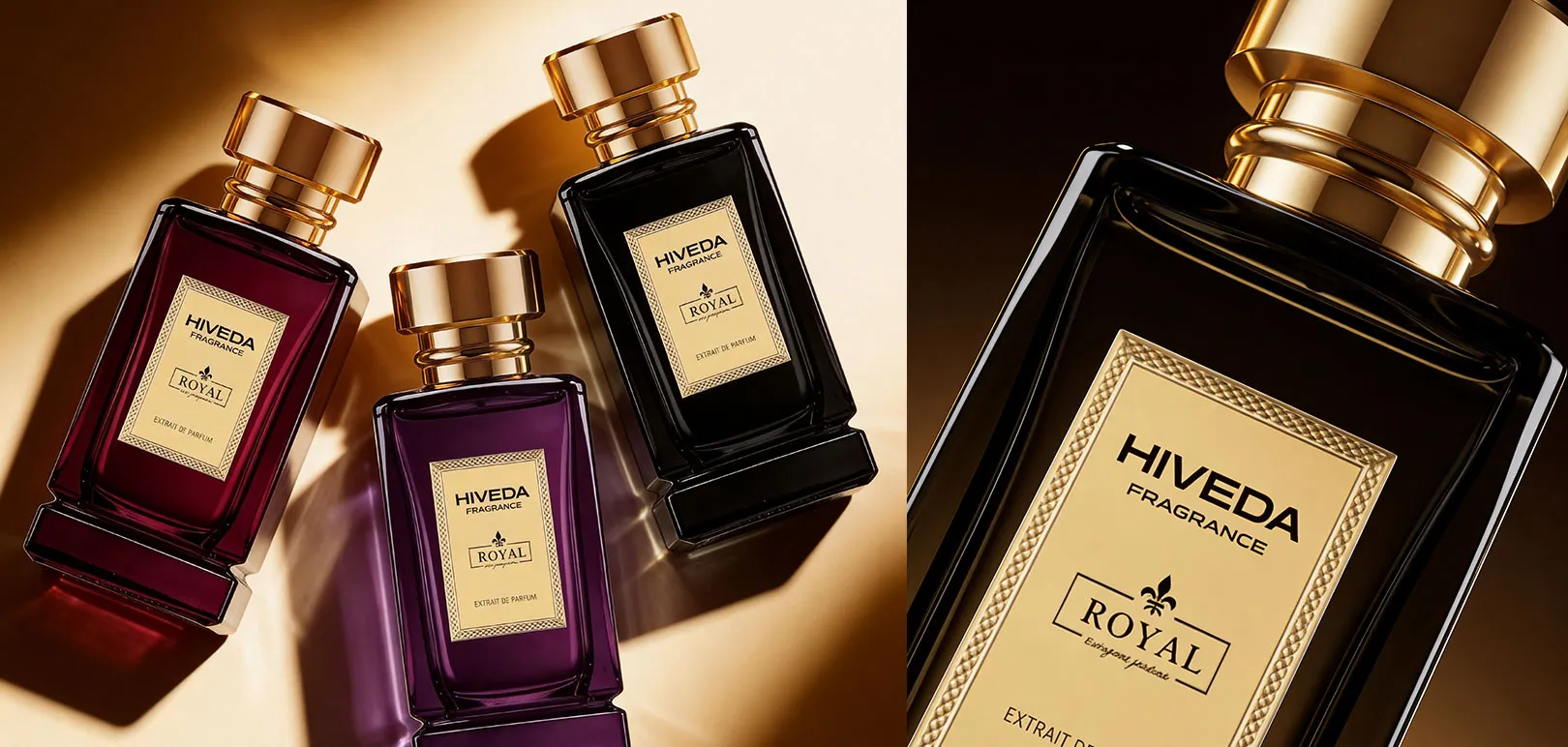 perfume bottles in burgundy purple and black color directions