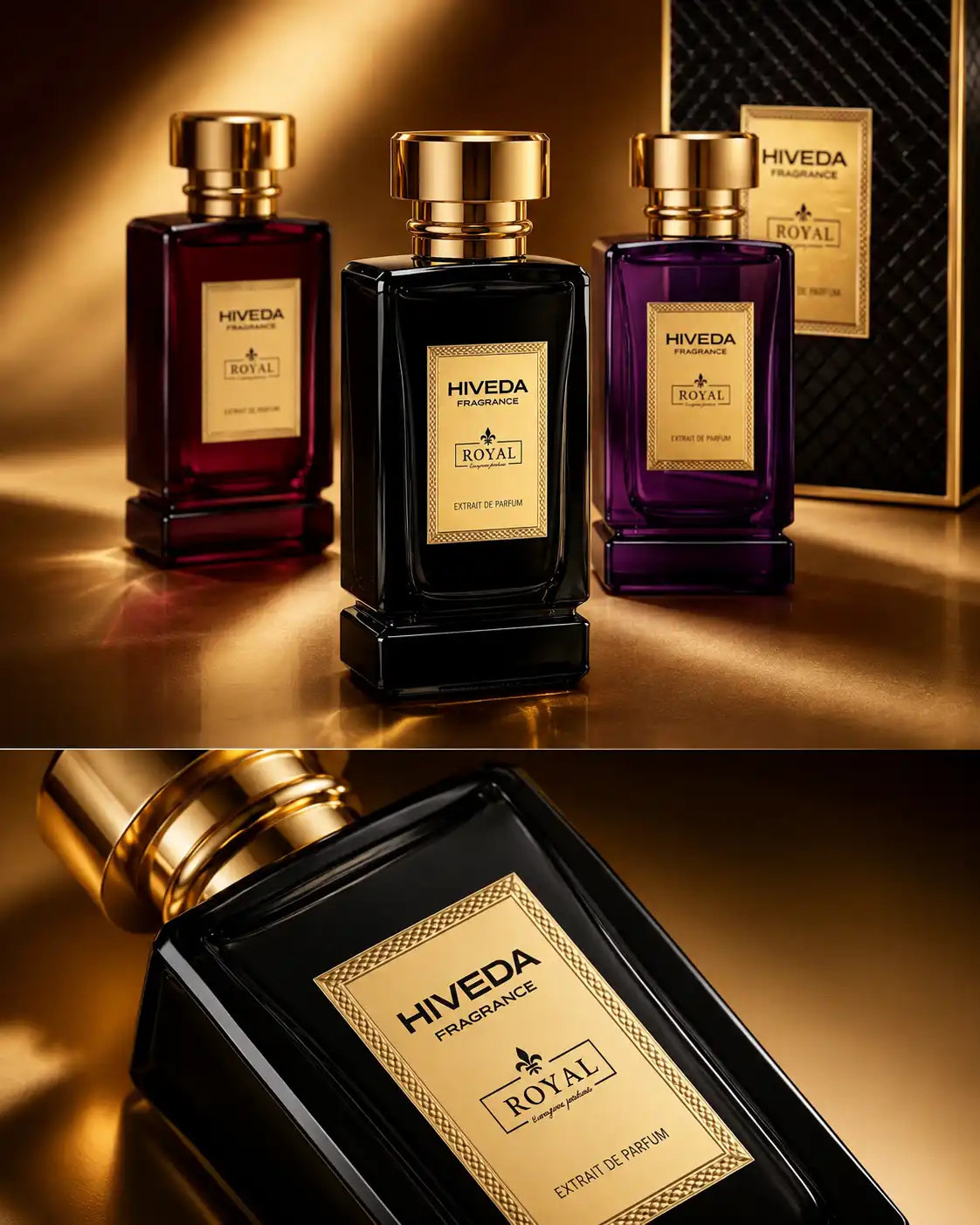 perfume bottles in burgundy purple and black color directions