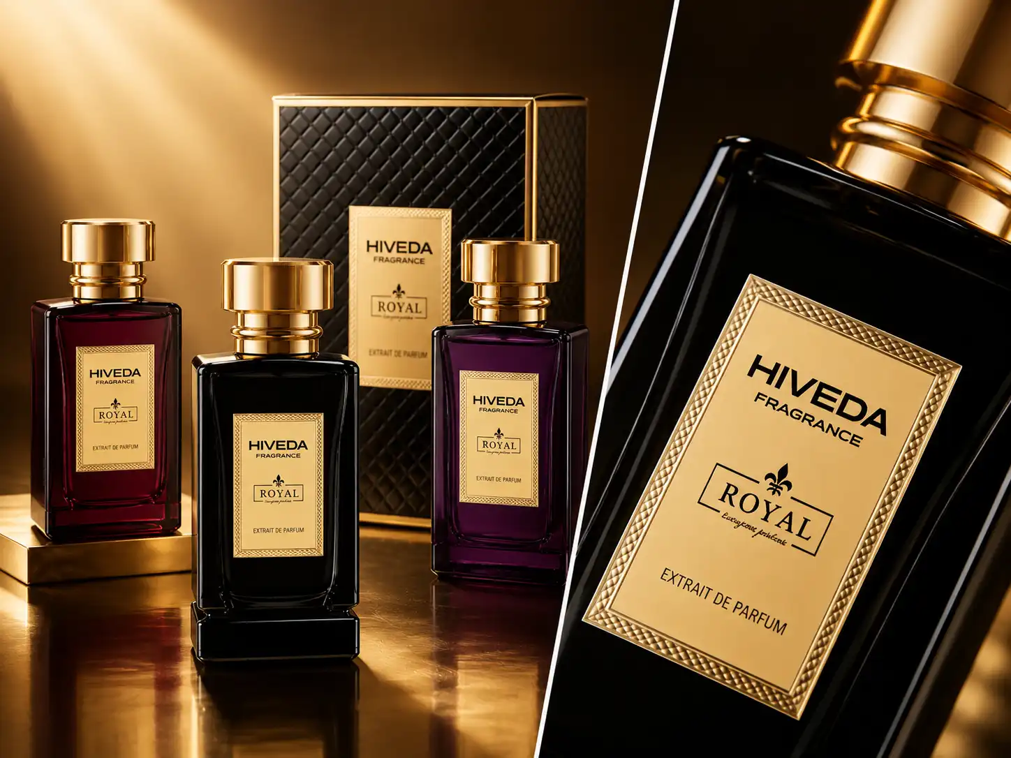 perfume bottles in burgundy purple and black color directions