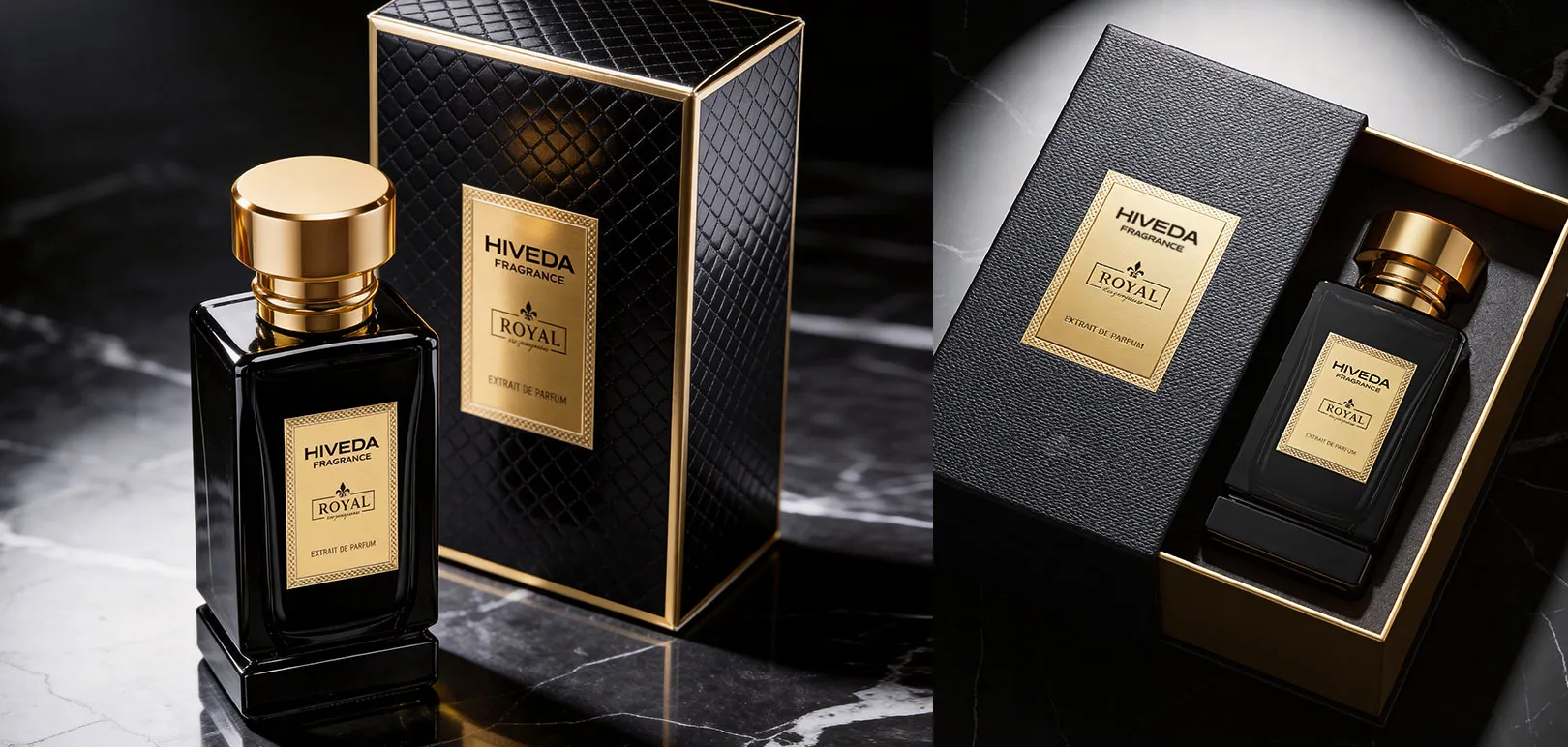 perfume bottle with black and gold presentation packaging