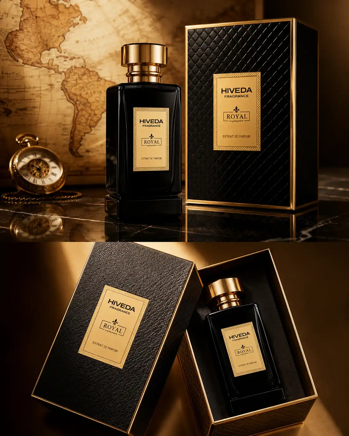 perfume bottle with black and gold presentation packaging