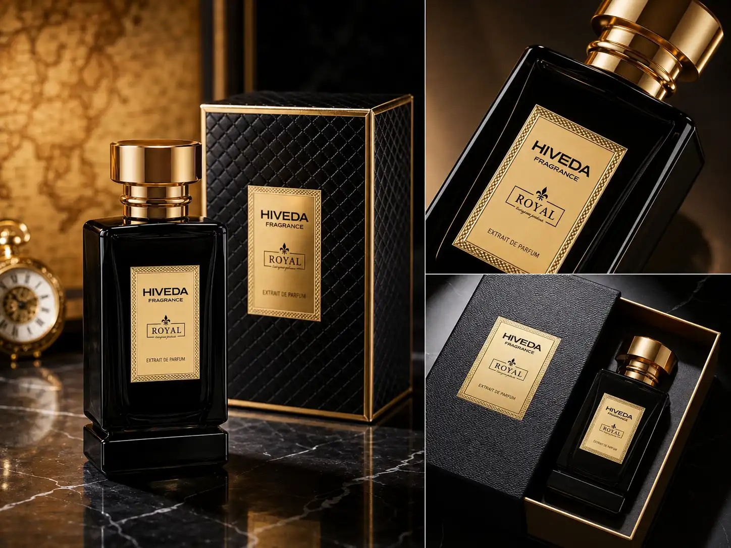 perfume bottle with black and gold presentation packaging