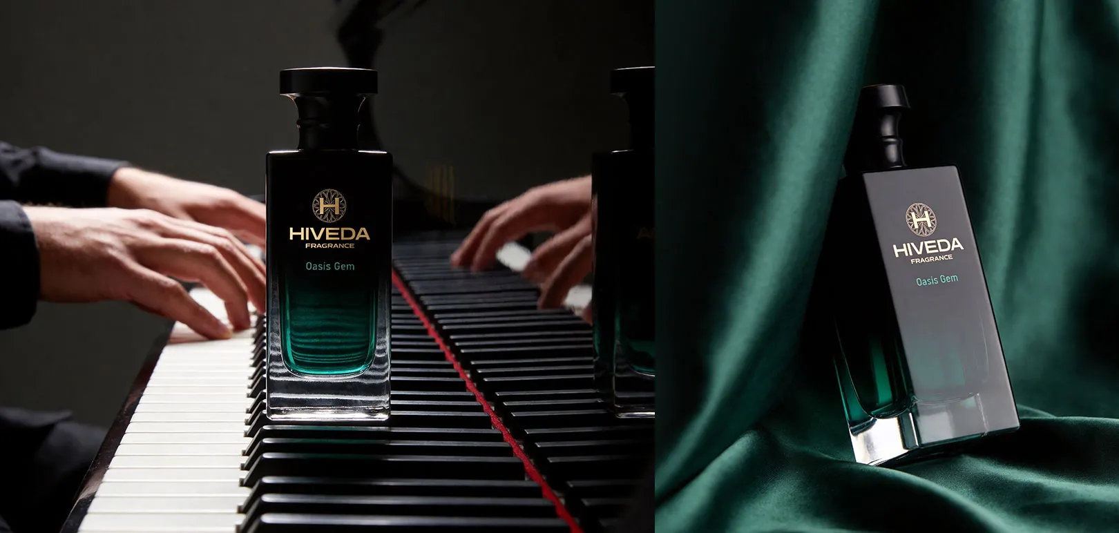 black and emerald perfume bottle with sculpted black cap