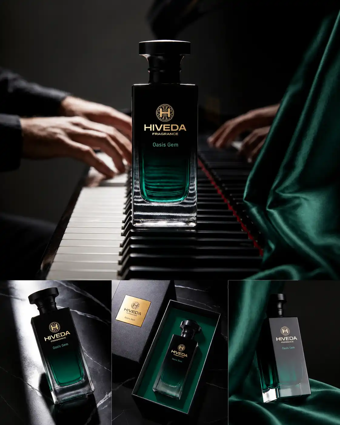 black and emerald perfume bottle with sculpted black cap
