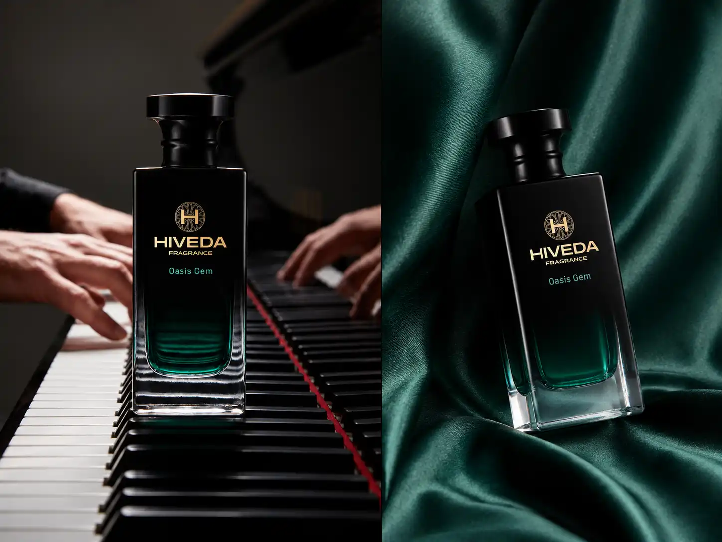 black and emerald perfume bottle with sculpted black cap