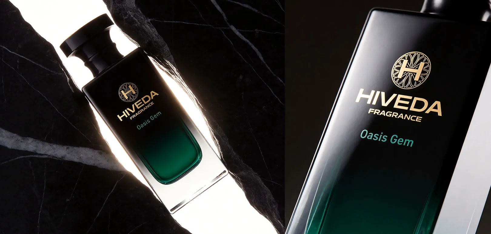 recessed glass perfume bottle with gold-tone front branding