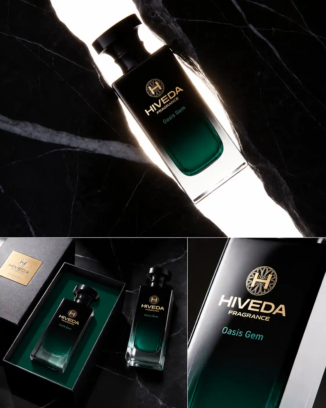 recessed glass perfume bottle with gold-tone front branding