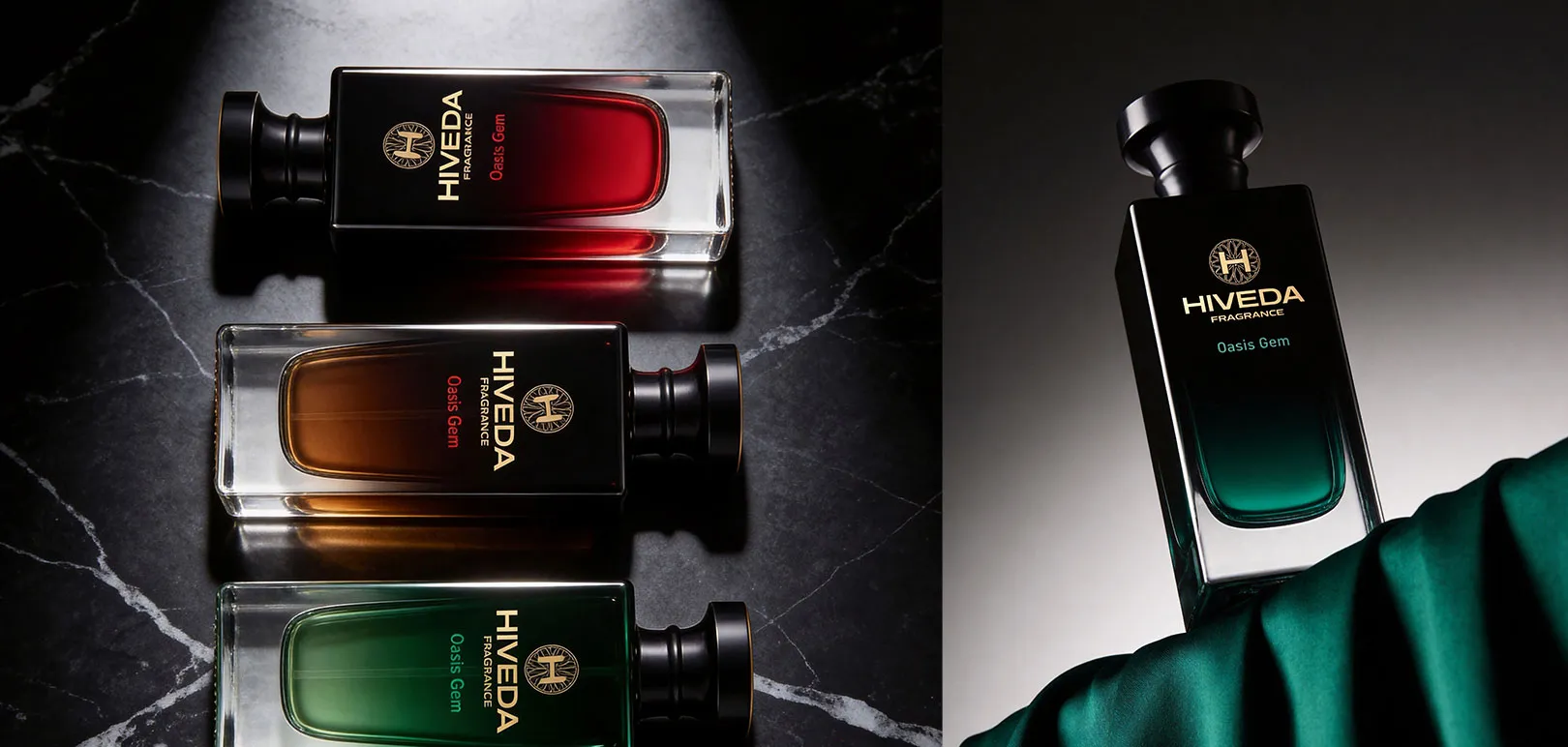 perfume bottles in red amber and green color directions
