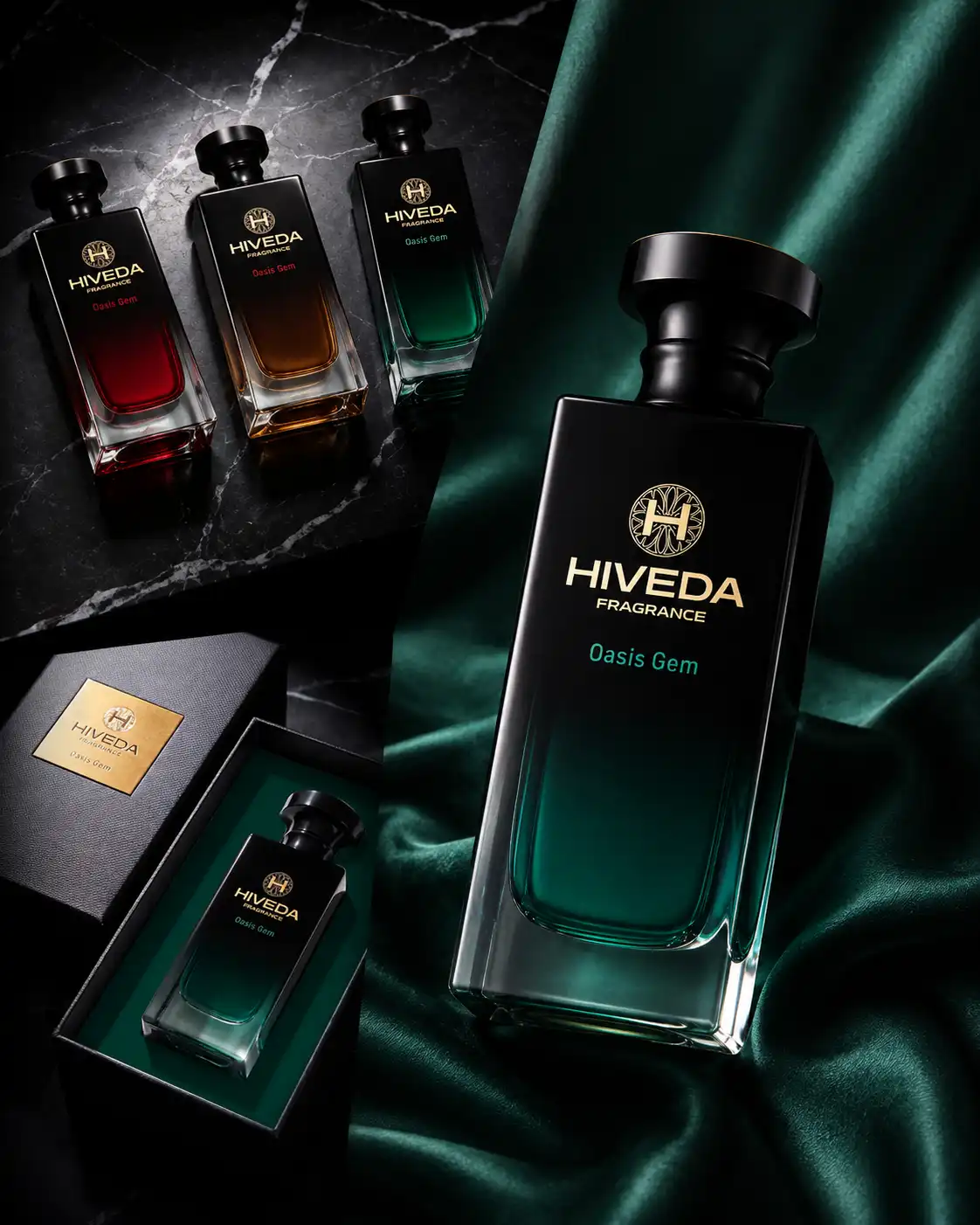 perfume bottles in red amber and green color directions