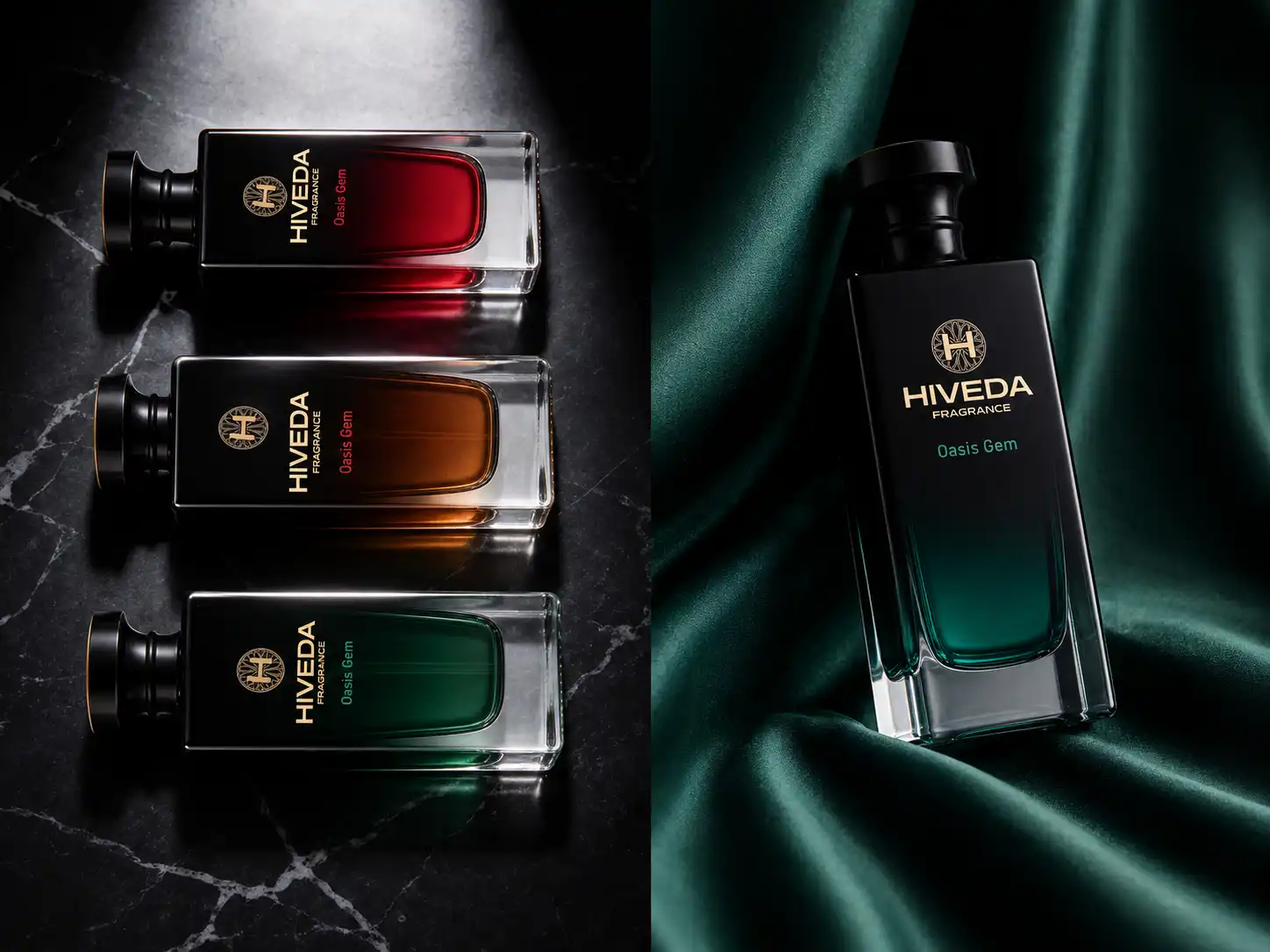perfume bottles in red amber and green color directions