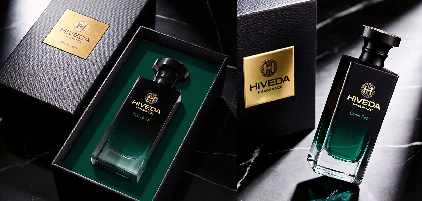 perfume bottle with textured black box and green fitted insert
