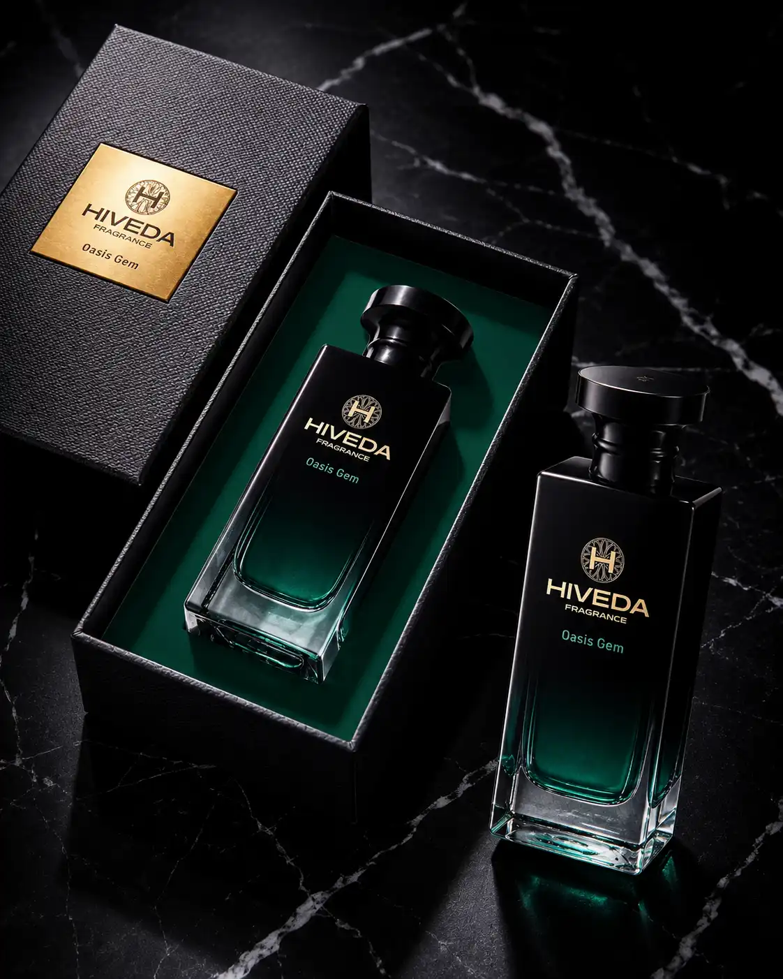 perfume bottle with textured black box and green fitted insert