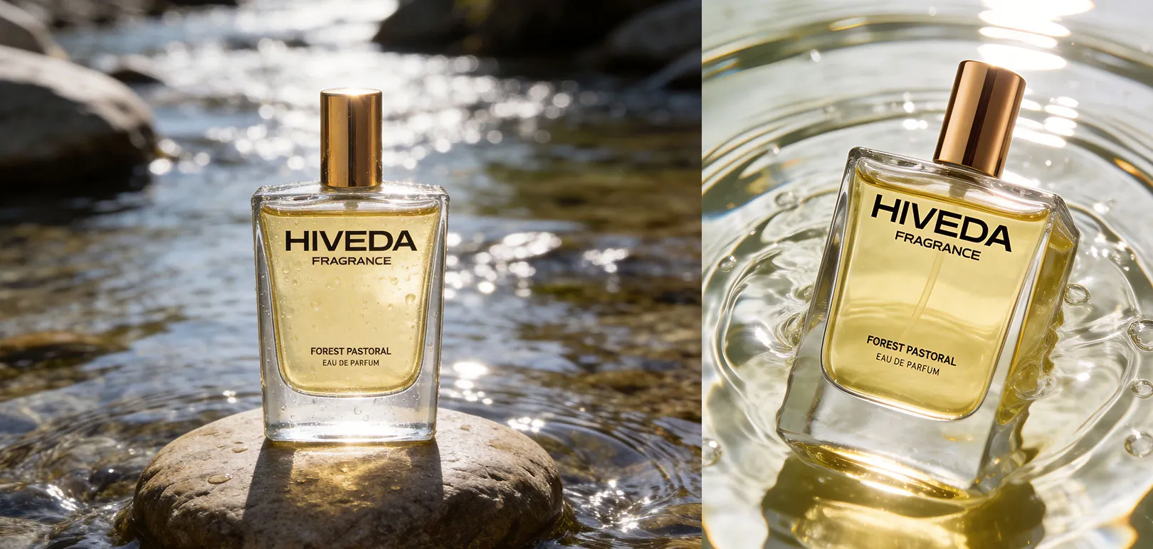 perfume bottle with pale golden fragrance in a fresh water setting