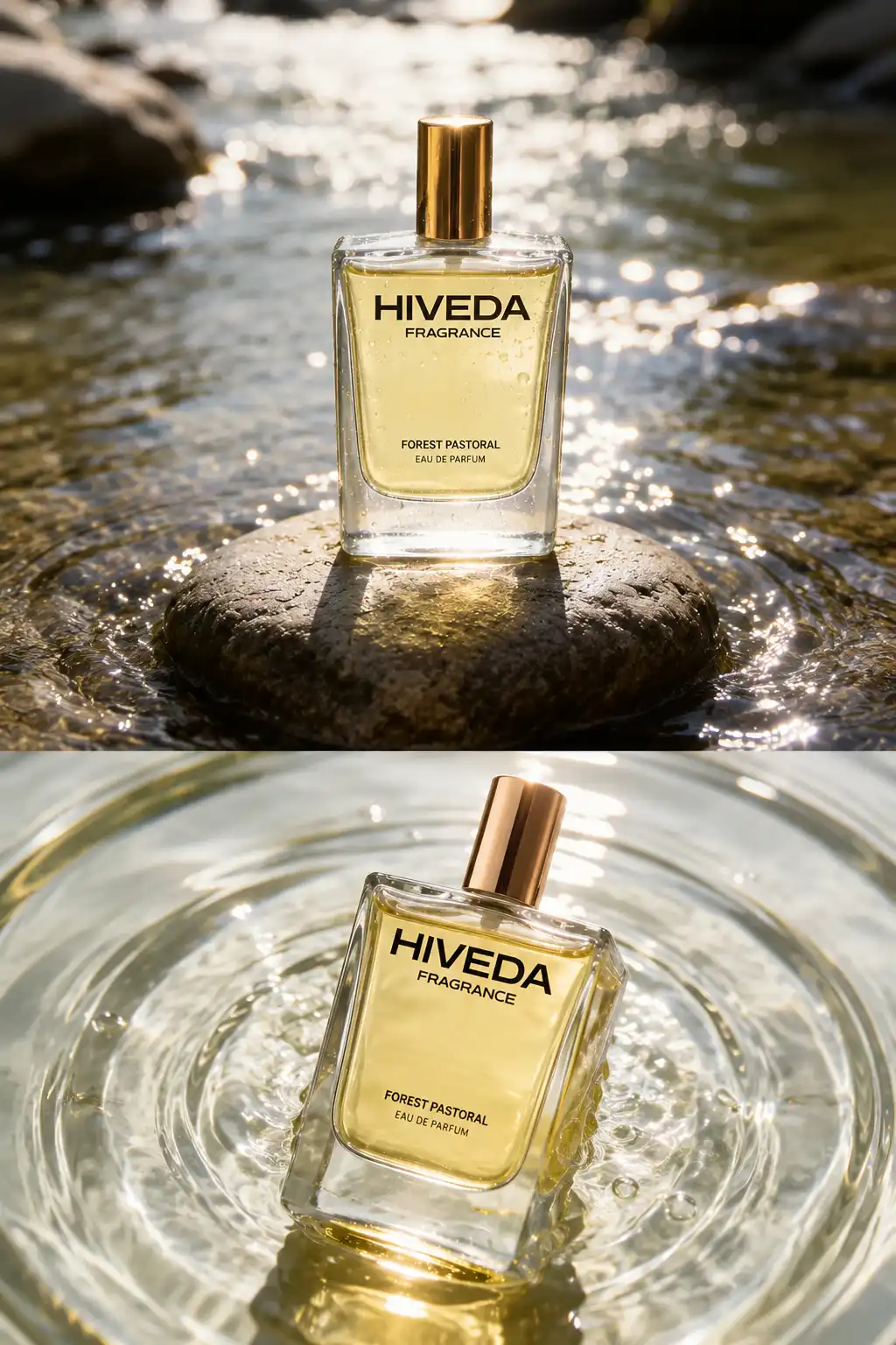 perfume bottle with pale golden fragrance in a fresh water setting