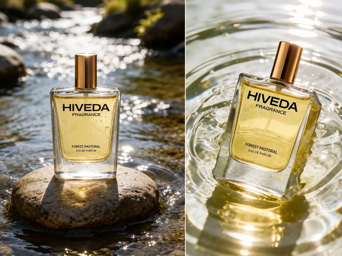 perfume bottle with pale golden fragrance in a fresh water setting