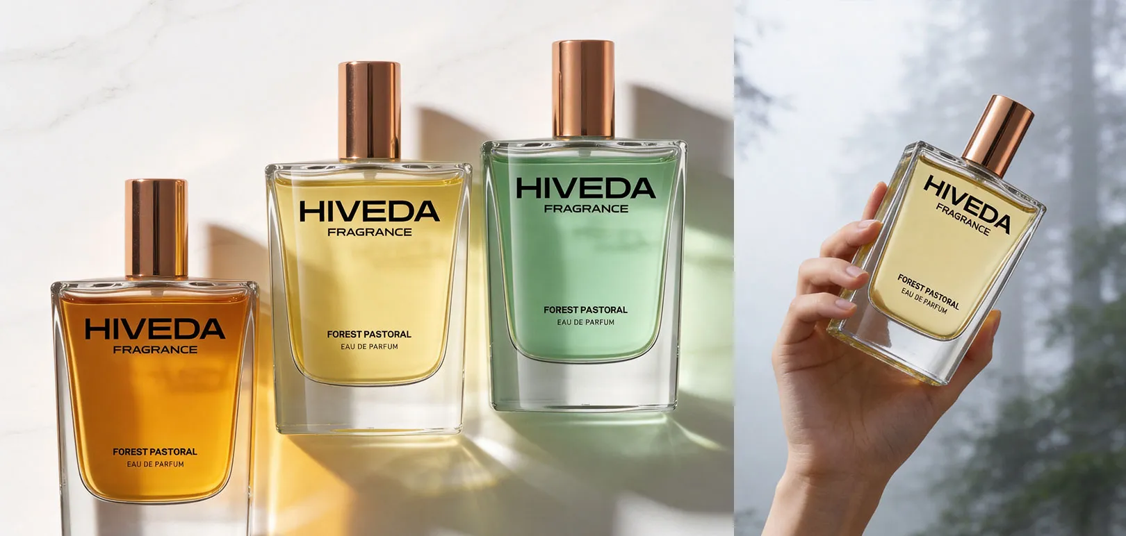 perfume bottles with amber pale yellow and soft green fragrance colors