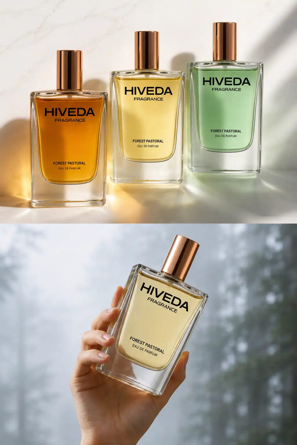 perfume bottles with amber pale yellow and soft green fragrance colors