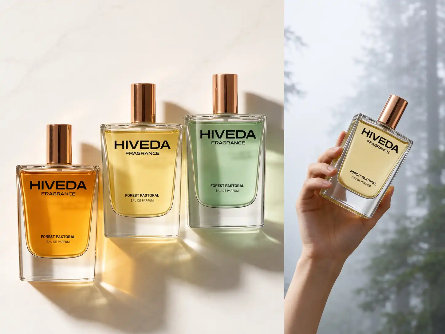 perfume bottles with amber pale yellow and soft green fragrance colors