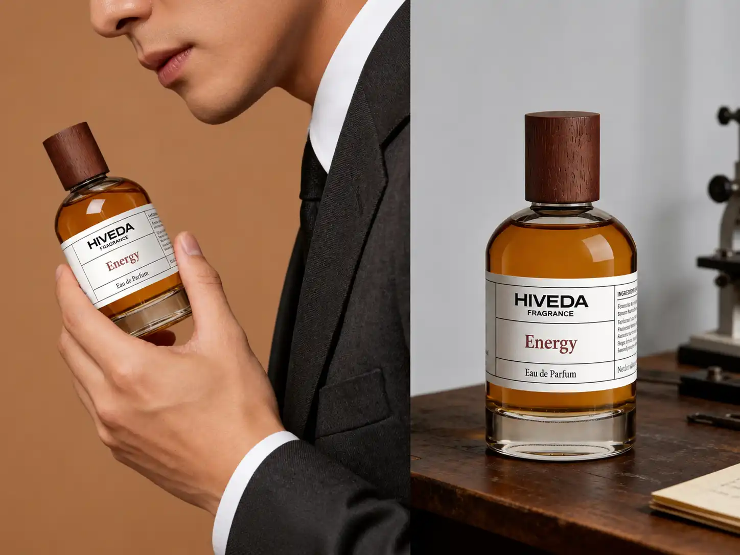 Ready design perfume bottle concept with printed label and wood-grain cap