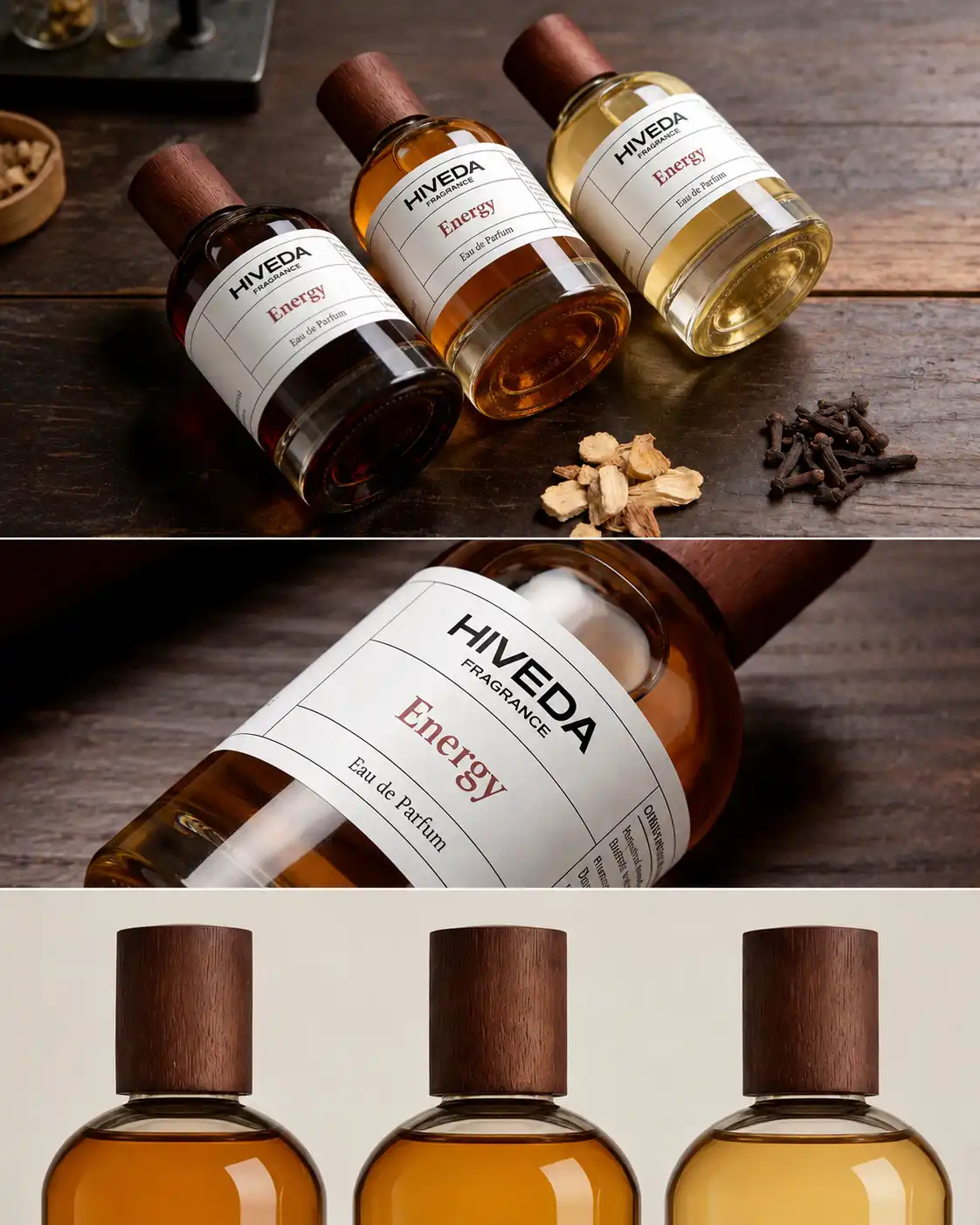 Ready design perfume bottle concept with printed label and wood-grain cap