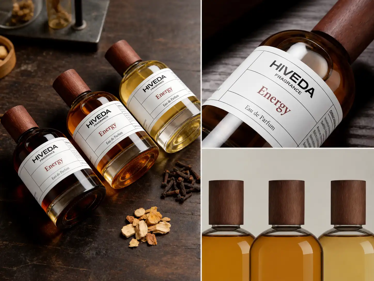 Ready design perfume bottle concept with printed label and wood-grain cap