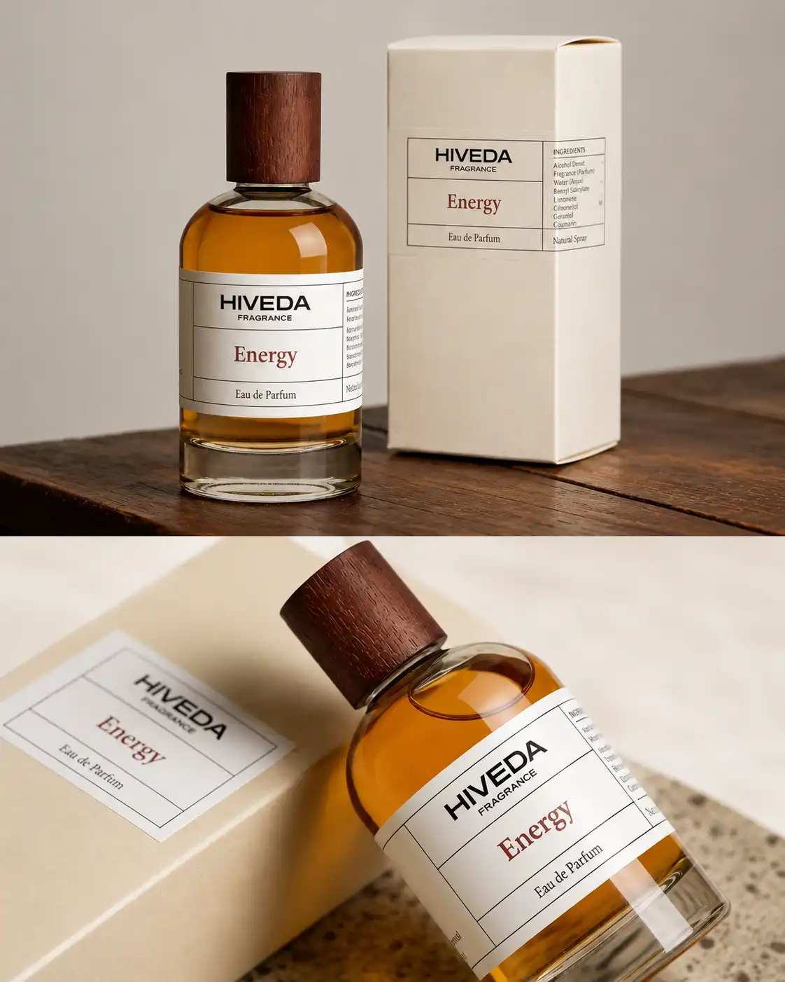Ready design perfume bottle concept with printed label and wood-grain cap