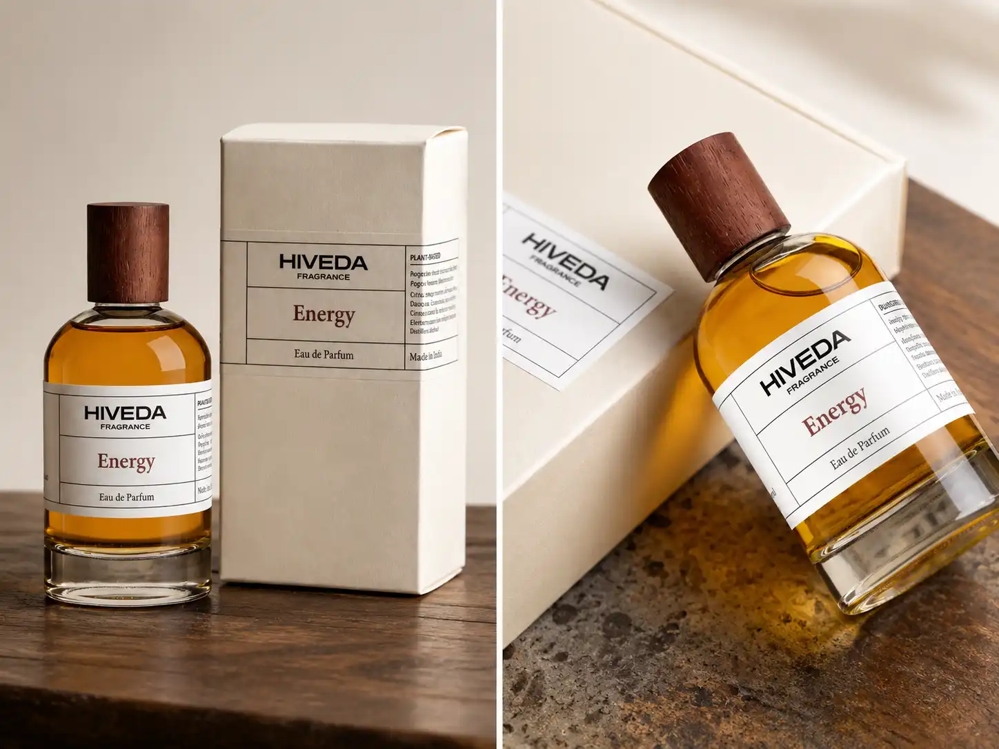 Ready design perfume bottle concept with printed label and wood-grain cap