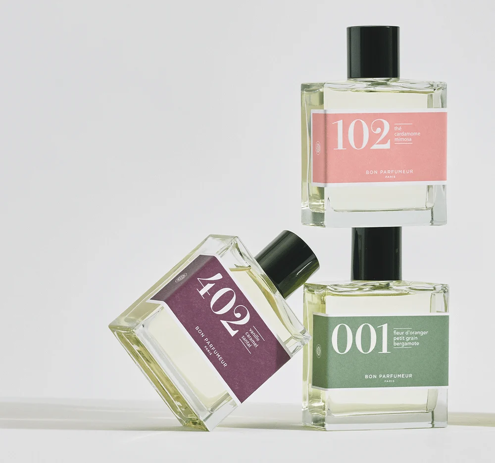 Bon Parfumeur 001, 102 and 402 perfume bottles displayed with white boxes