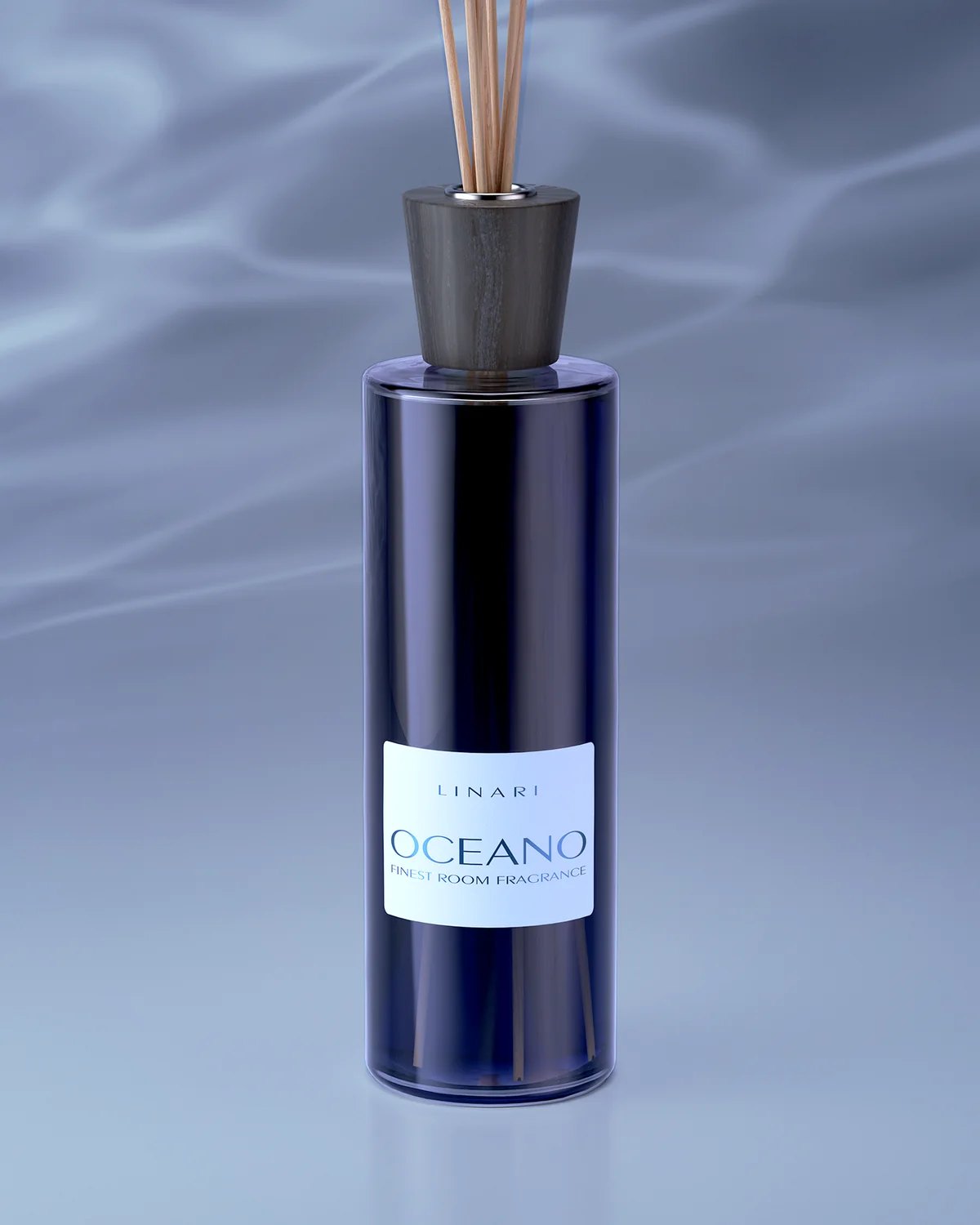 LINARI OCEANO diffuser in amethyst-coloured glass with ash wood cap and natural reeds
