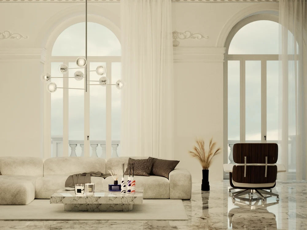LINARI diffusers and candles displayed on a marble table in a bright interior