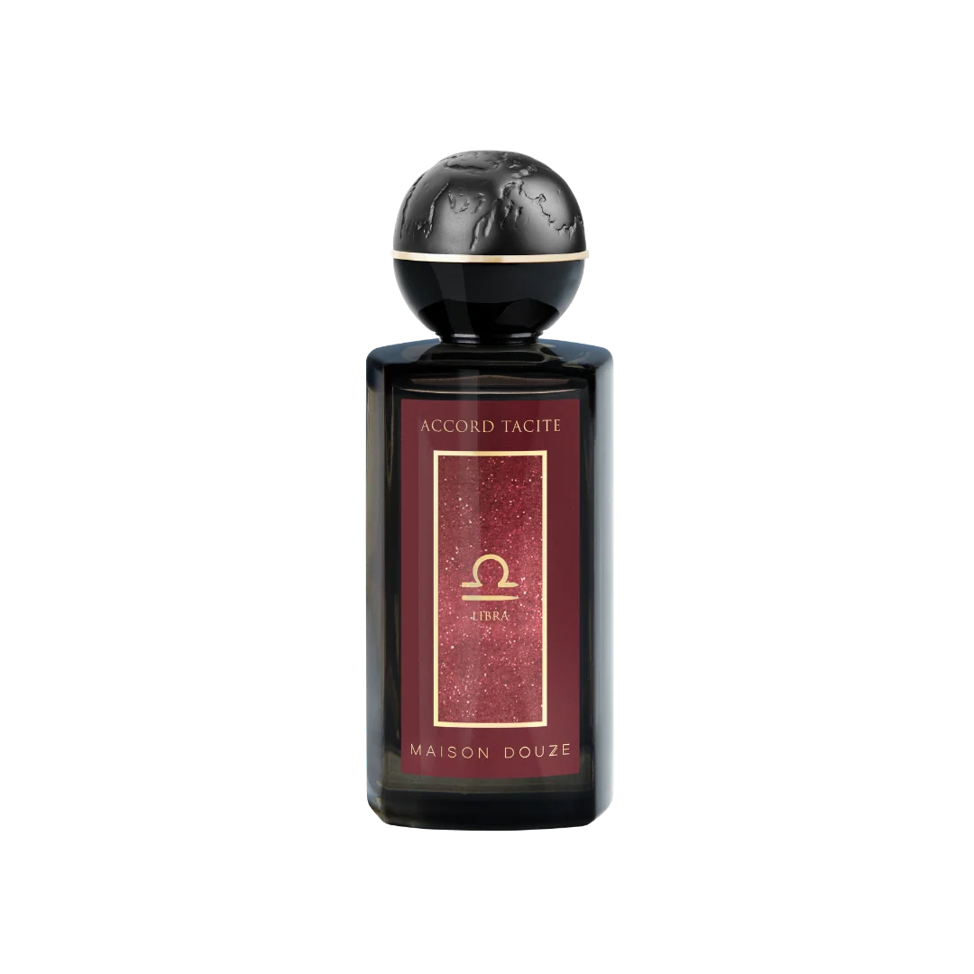 Maison Douze Accord Tacite Libra perfume bottle with burgundy front panel and zodiac symbol