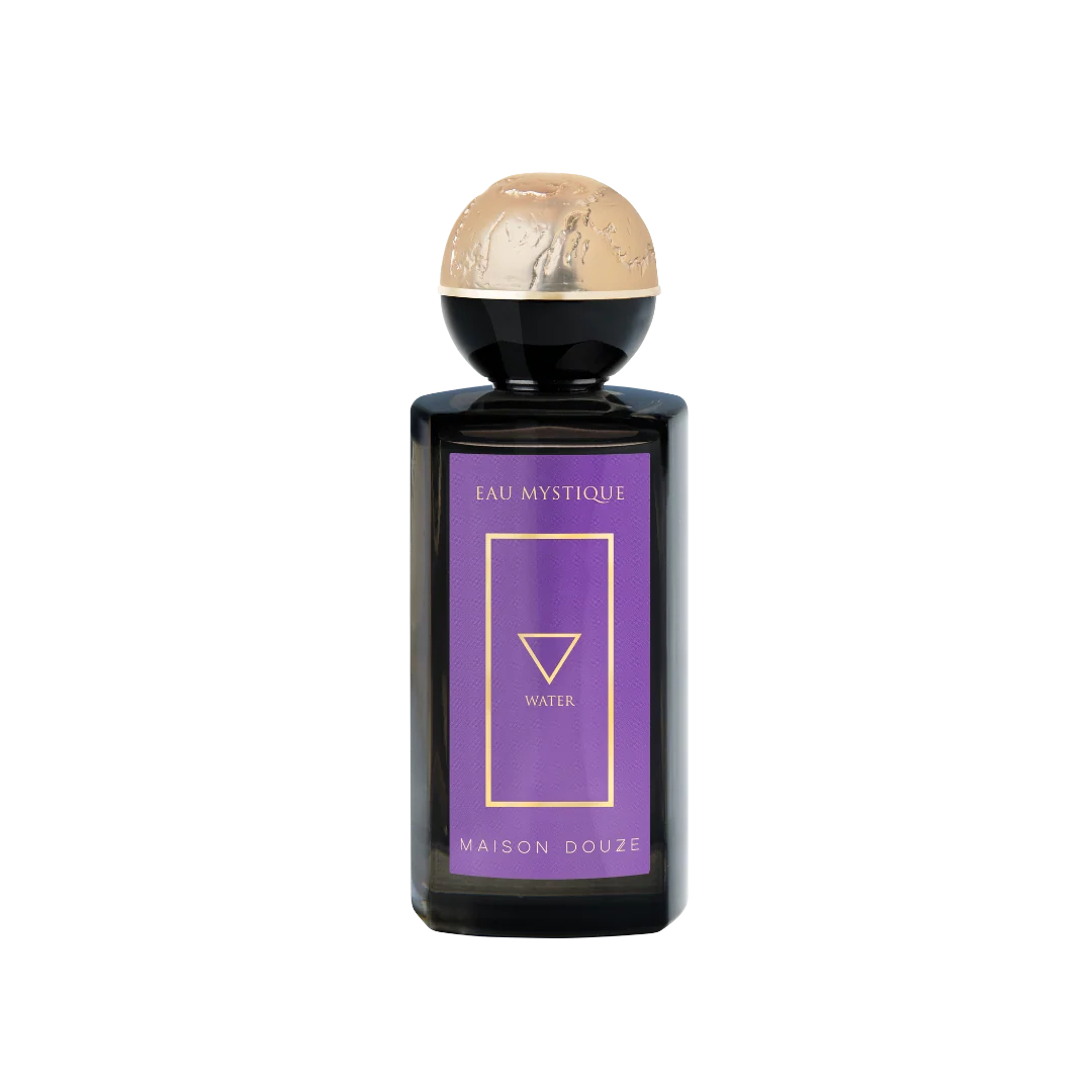 Maison Douze Eau Mystique perfume bottle with purple panel and water element symbol