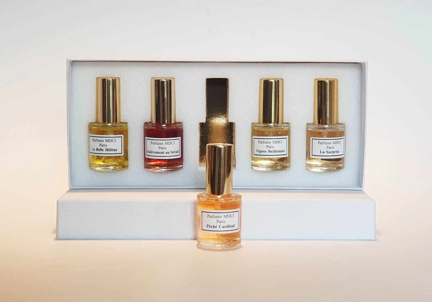 Parfums MDCI discovery set with five labelled 11ml perfume samples in a white box