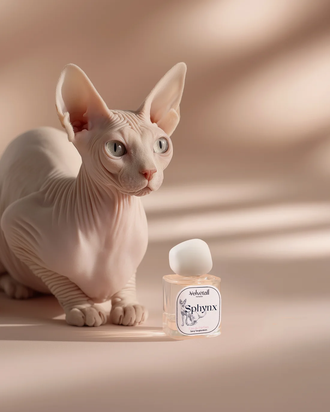 Velvétail Sphynx perfume bottle beside a Sphynx cat in a warm neutral campaign image