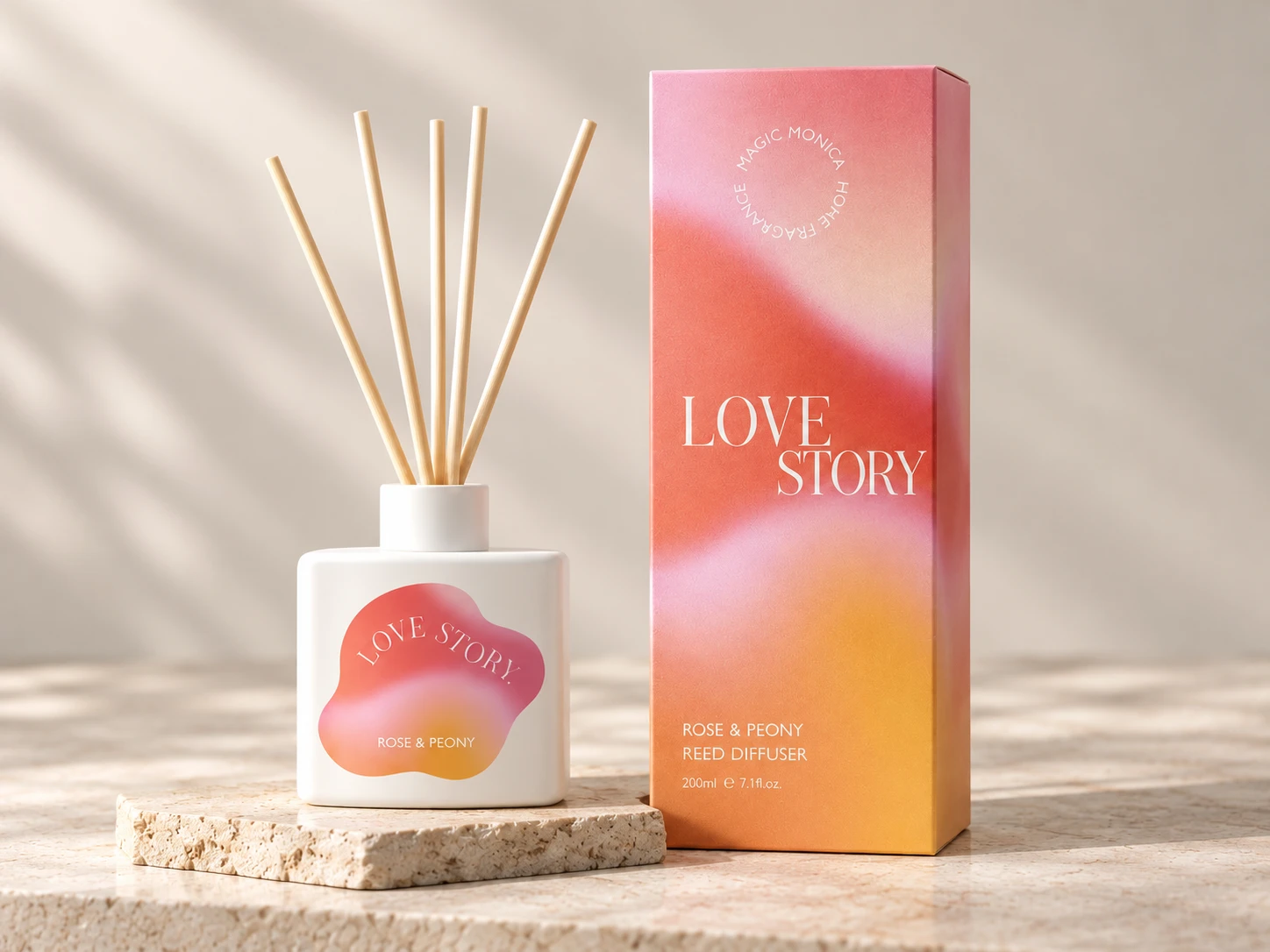Love Story reed diffuser bottle displayed beside its matching pink and orange gradient carton