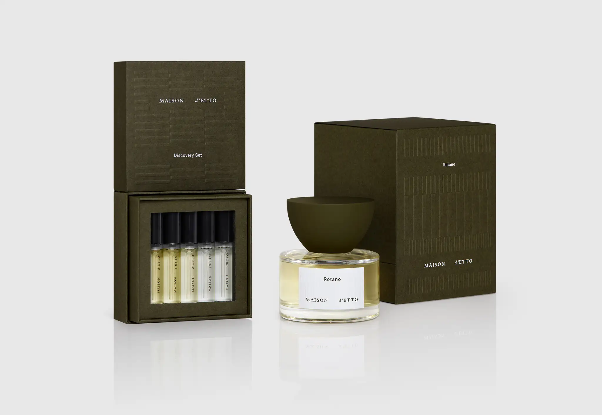 Maison d'Etto perfume bottle with moss green dome-like top element and matching packaging